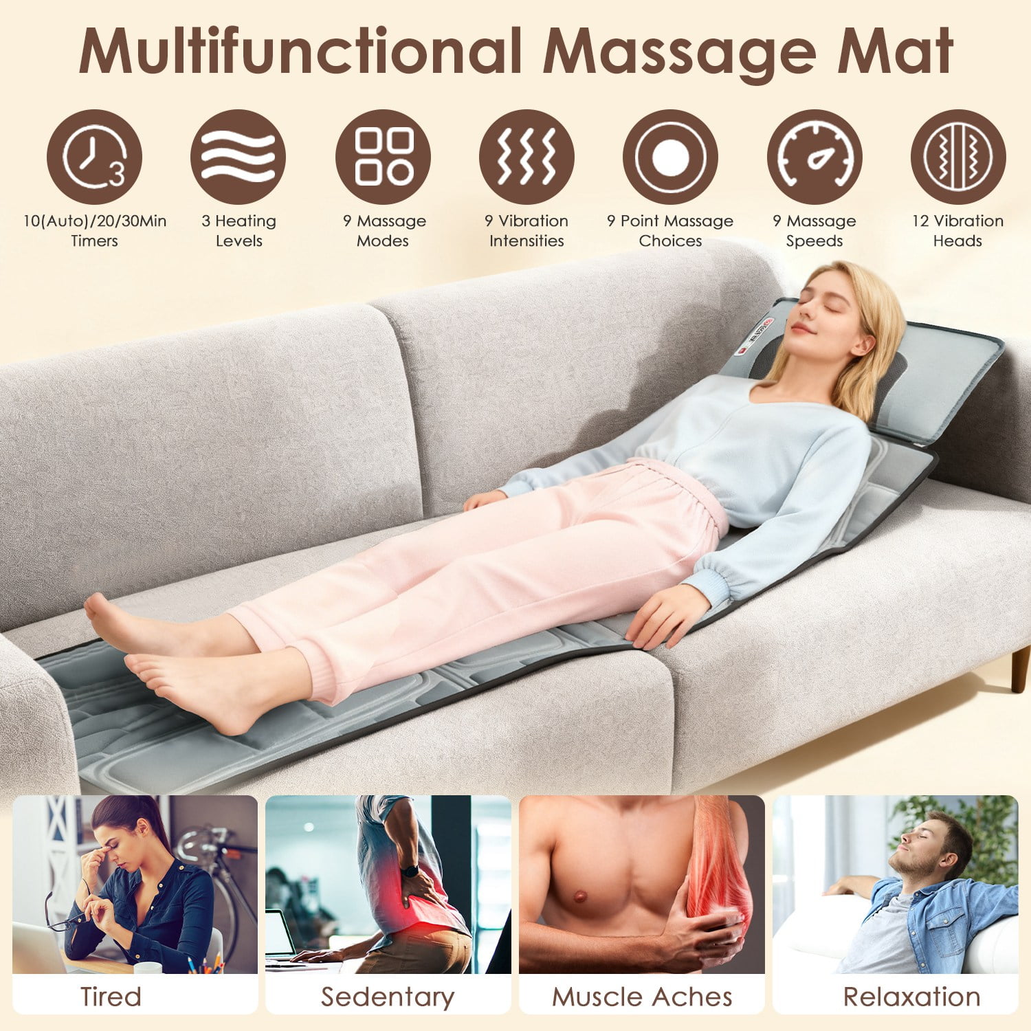 Imountek Flannel Full Body Massage Mat with Heat Timer, Multifunctional Electric Massage Chair Pad with Shiatsu Neck Massager Carry Bag Earplugs Anti-Slip Bottom for Home