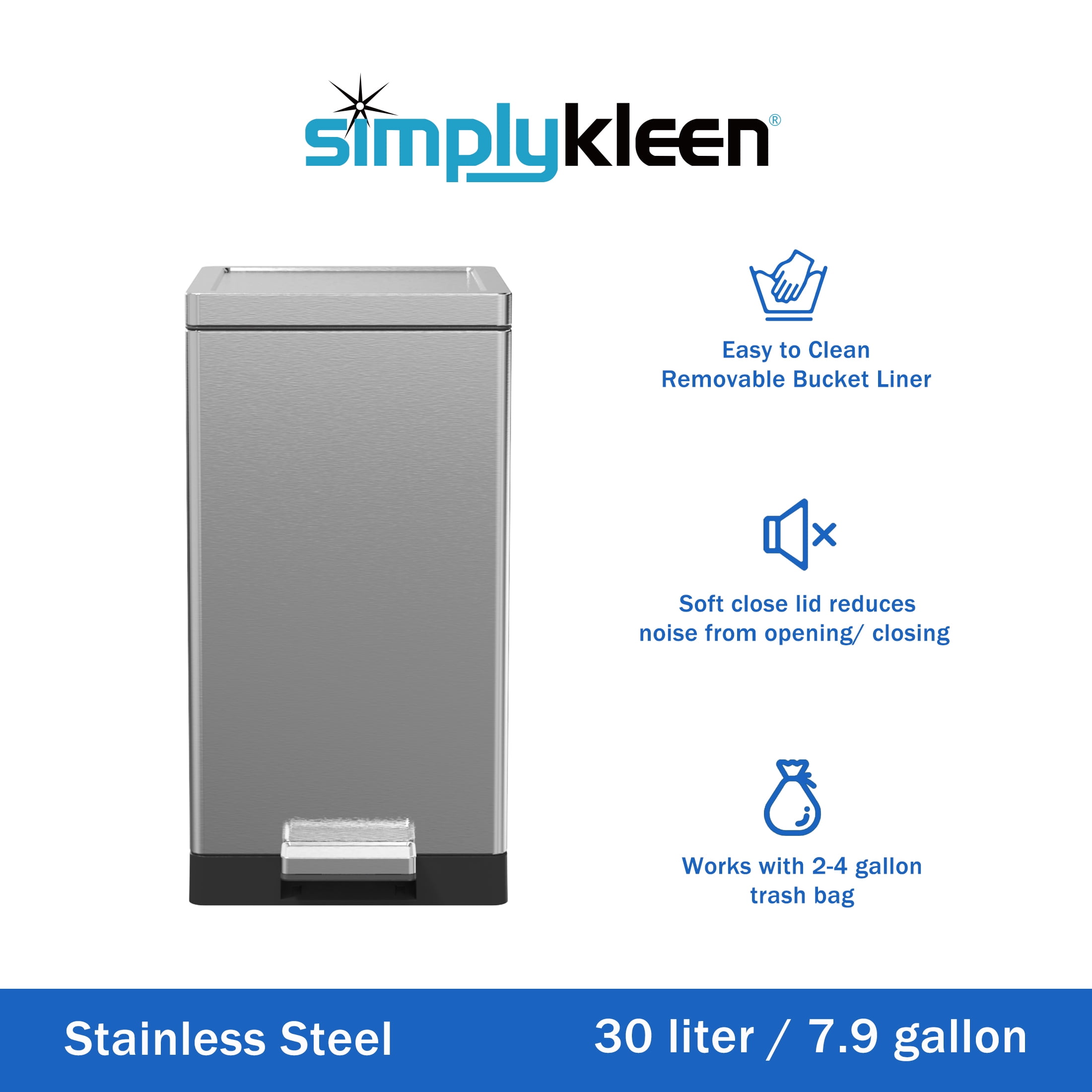 Simplykleen Kitchen Trash Can, 7.9 Gallon Stainless Steel Step Garbage Bin with Soft Close Lid, Silver
