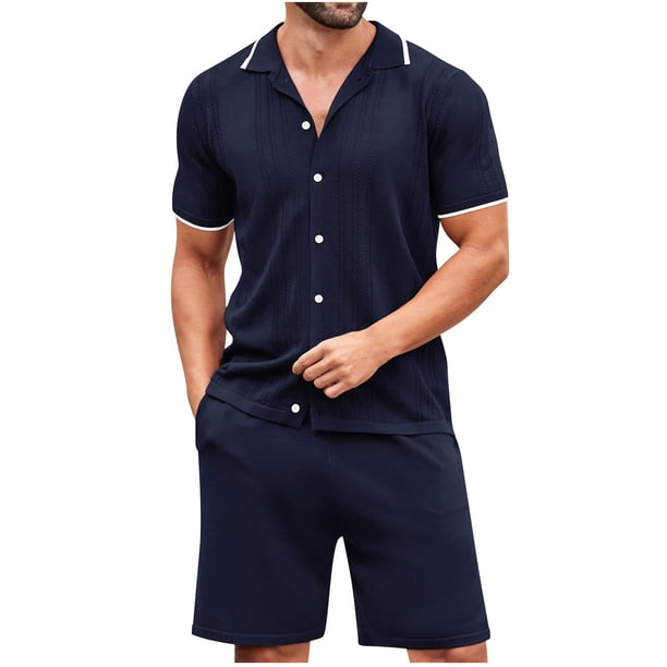Camisas de Manga Corta de los Hombres Turn-Down Collar Conjunto de Coincidencia, Conjunto Corto de los Hombres de Poliéster Ligero