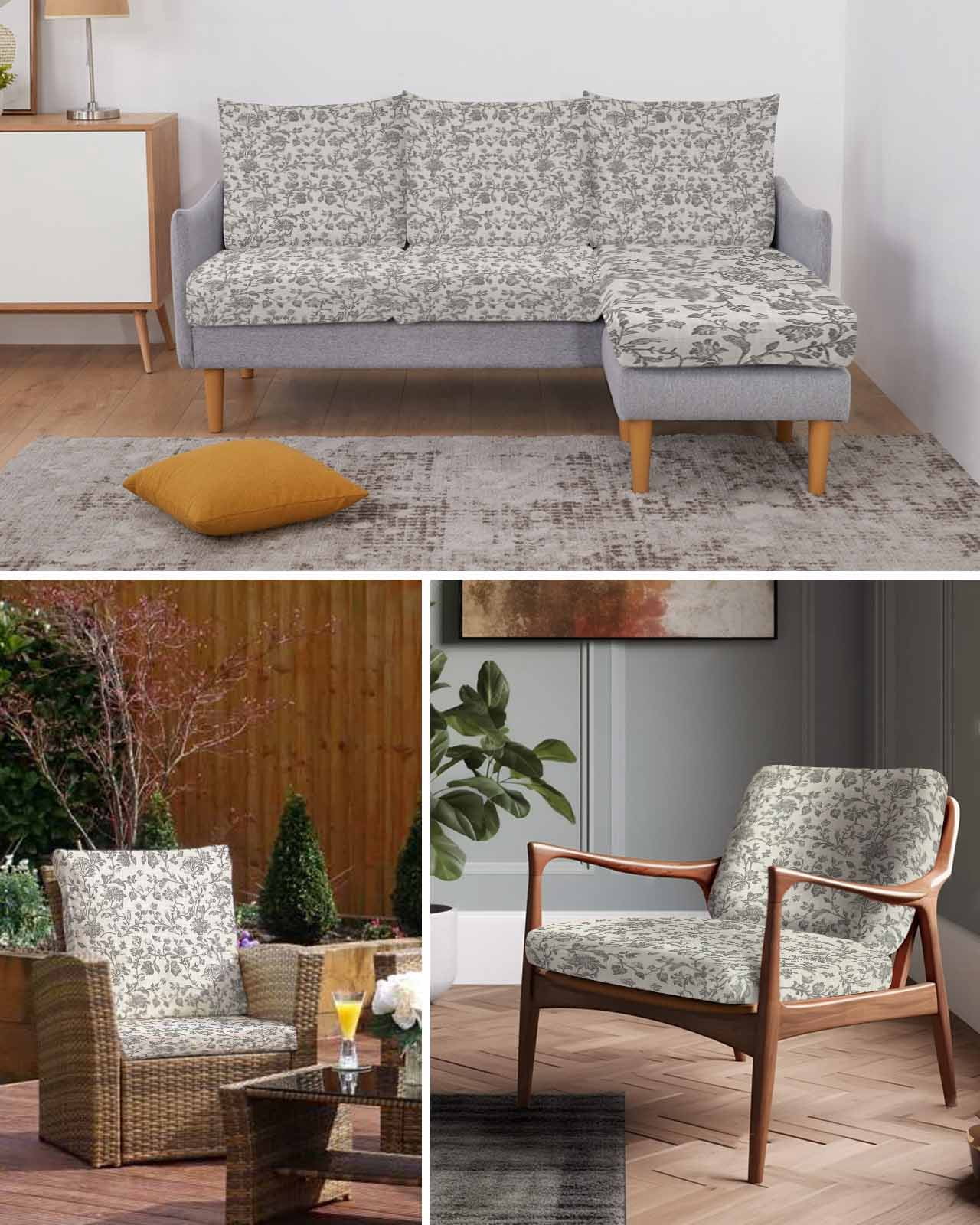 Farmhouse Grey Couch Cushion Covers Stretch, Washable Sofa Seat Covers Individual Seat Cushion Sofa Slipcovers Vintage Flower Leaf Botanical Plant Couch Cover Furniture Protector L-1PCS