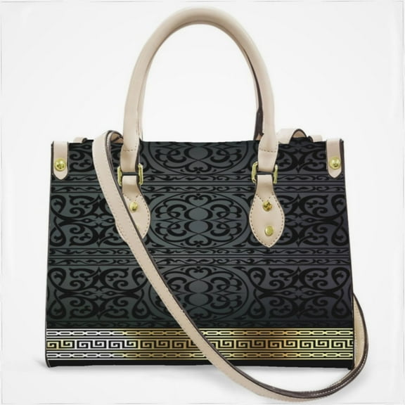 Greek Key Ornate Black & Gold Cross Body Bags For Women Small Leather Female Handbags Fashion Top-Handle Totes