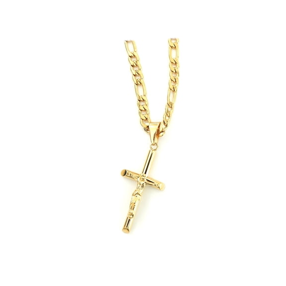 18K Figaro Gold Filled Cross Crucifix Pendant Necklace for Men Women Wife Husband Religious Fashion Jewelry