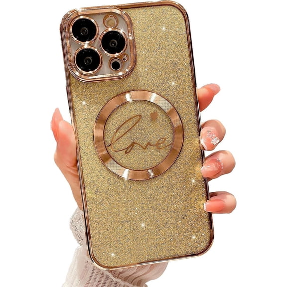 Compatible with iPhone 12 Pro Max Magnetic Glitter Case-6.7 Inch, Luxury Love Heart Pattern Plating Bling Clear Case, Compatible with MagSafe for Women Girls Shockproof Back Cover-Gold