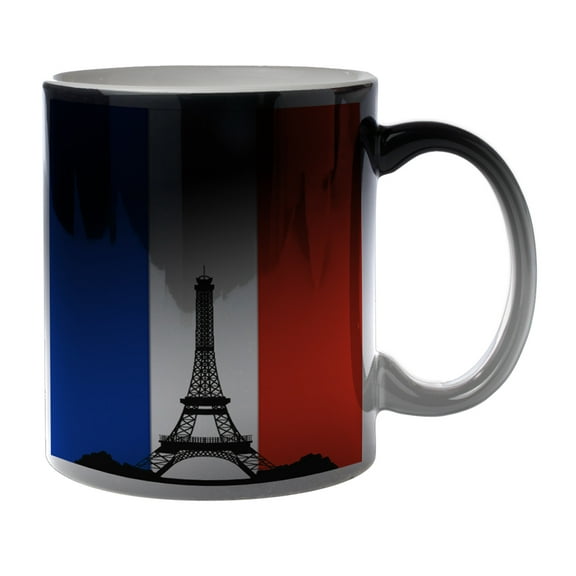 KuzmarK Black Heat Morph Color Changing Coffee Cup Mug 11 Ounce - French Eiffel Tower