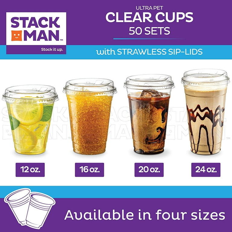 Stack Man 16 oz. Clear Cups with Strawless Sip-Lids, [50 Sets] PET Crystal  Clear Disposable 16oz Plastic Cups with Lids - A World Of Deals