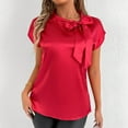 thumbnail image 3 of Jalioing Satin Shirt Women's Short Sleeve Bowtie Neck Silk Blouses Flowy Casual Dressy Tunic Tops Trendy Outfits, 3 of 6
