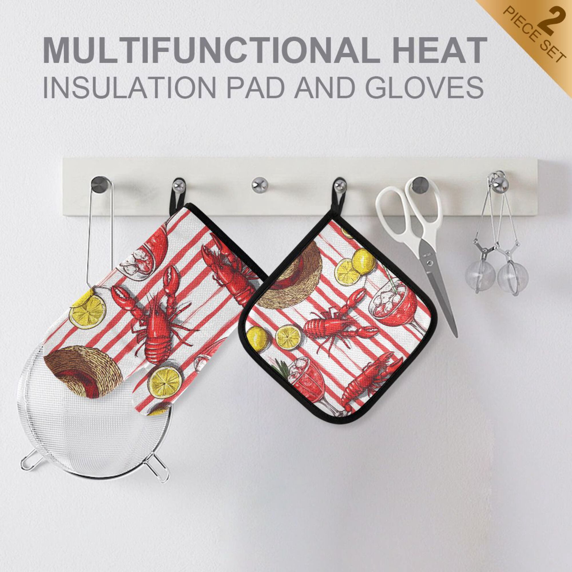 Yayeee Oven Mitts and Pot Holder Set of 4 Heat Resistant Kitchen Gloves Baking Hot Pad, Red Lobster