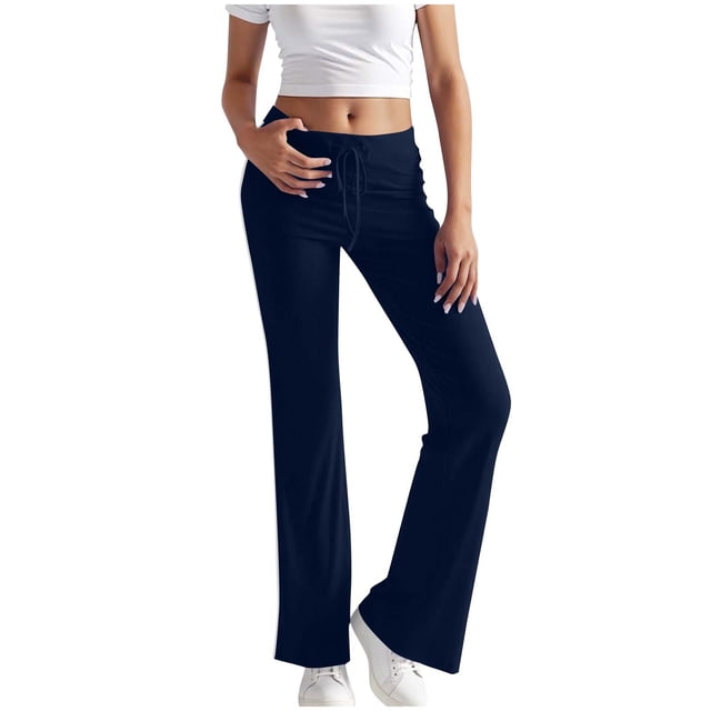 Lenpel Women's Flare Yoga Pants Drawstring Medium Rise Side Striped Bell Bottom Casual Pants Bootcut Workout Pants(Dark Blue,Small)