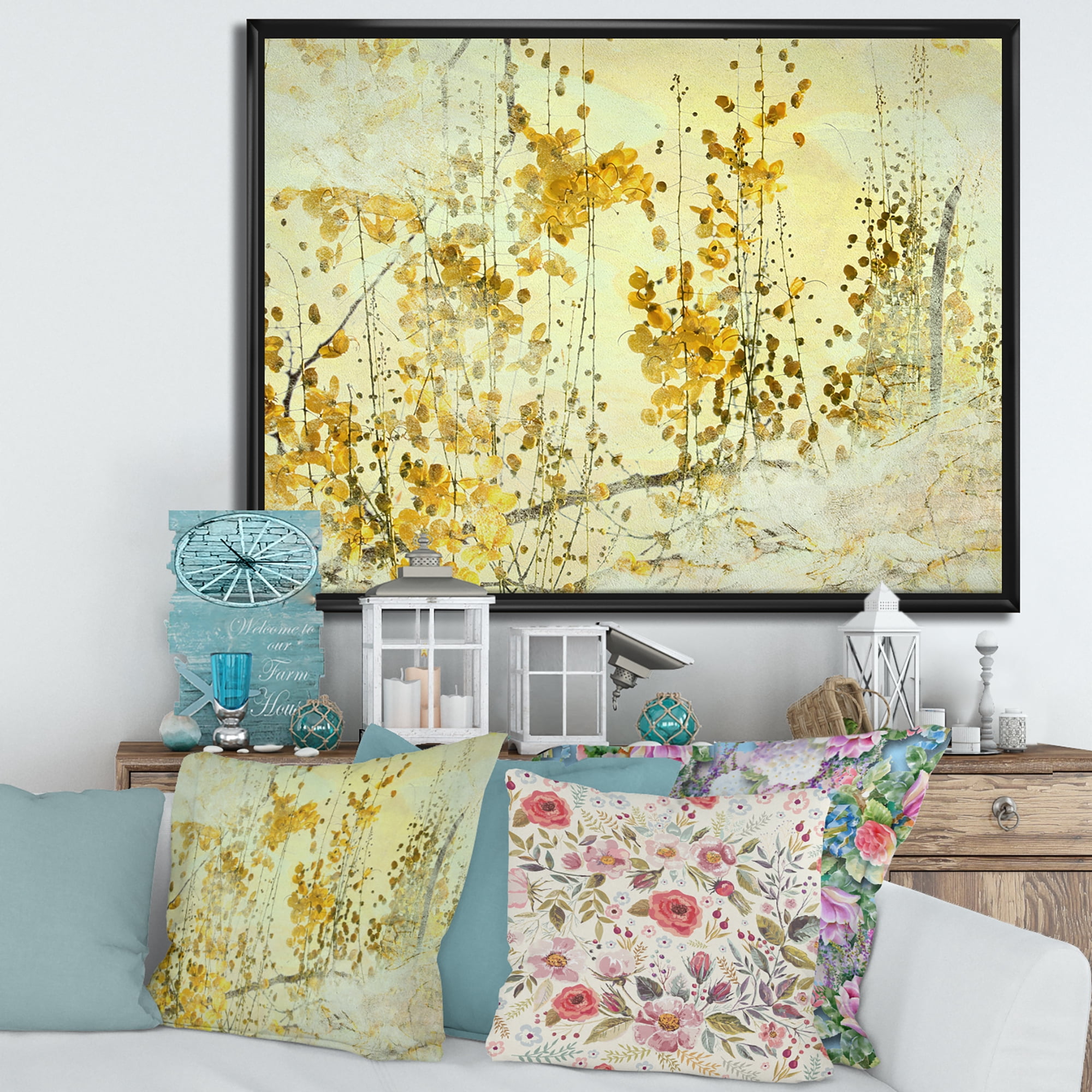 Designart 'Abstract Yellow Flower Grunge Art' Modern Framed Canvas Wall Art Print