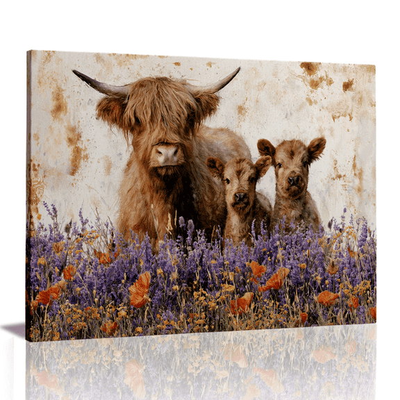 Topbout Art Highland Cow Family Canvas Wall Art, Lavender Orange Flower Meadow Farmhouse Animal Picture for Living Room, Ready to Hang 12*8 inch