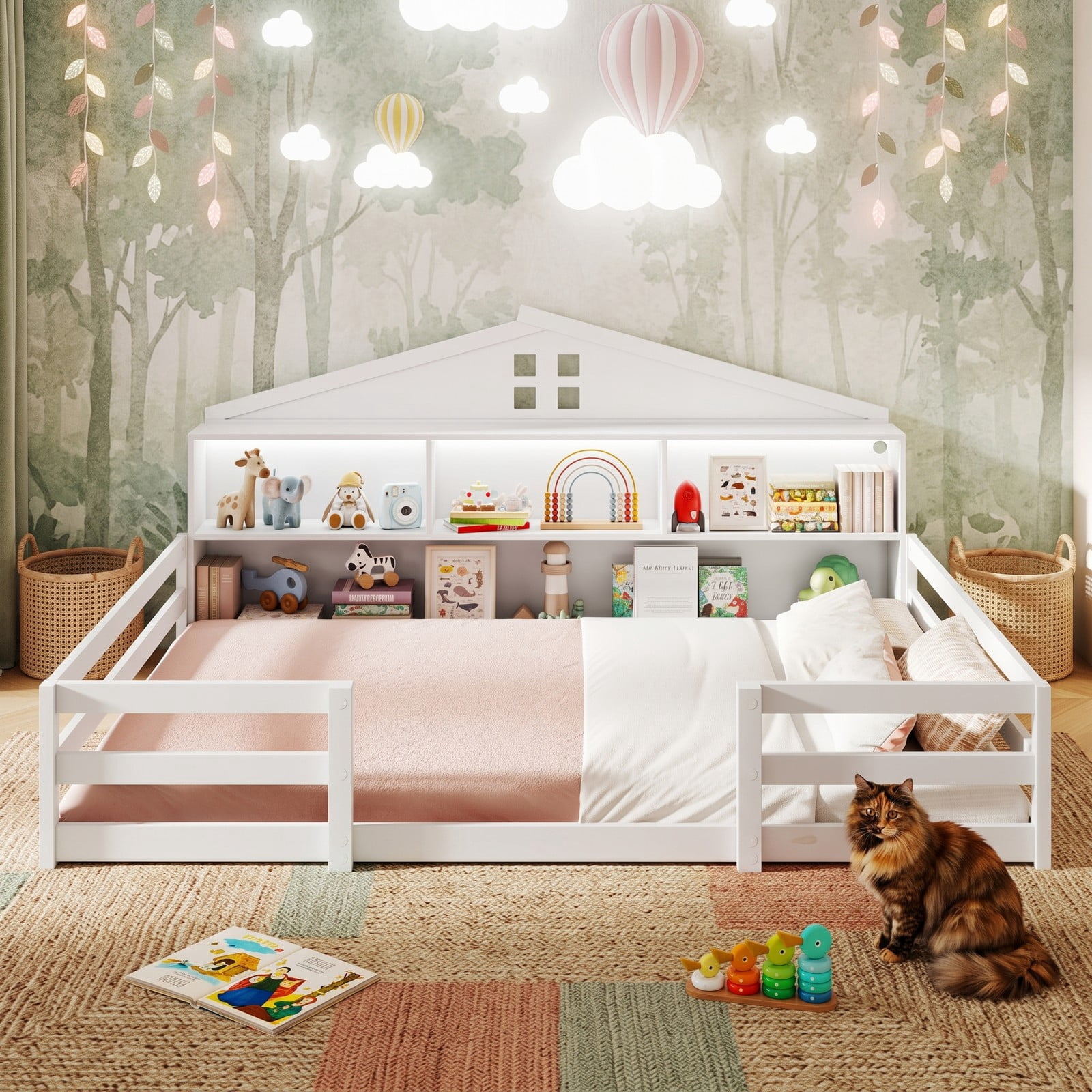 Furnibear Full Size Bed Frame Montessori Floor Bed with House Headboard and LED Lights, Kids Room Floor Bed Frame with Storage, White