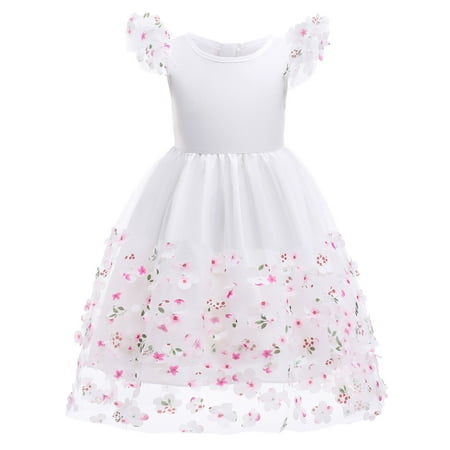 

ZRBYWB Child Girls Dress Fly Sleeve Pageant Dress Birthday Party Kids Floral Print Bowknot Gown Princess Dress Baby Clothes