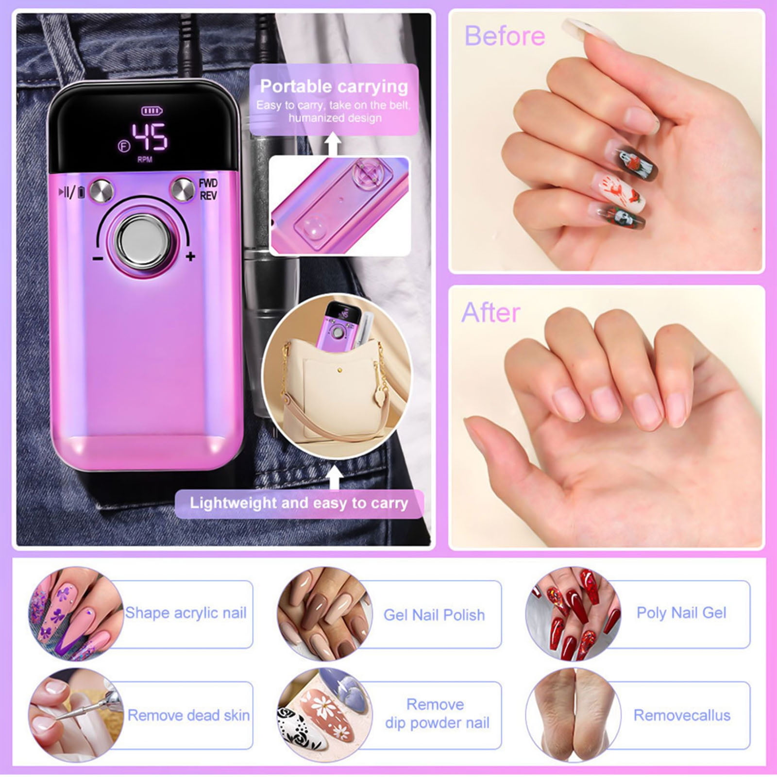 45000rpm Nails Drill Electric Nails Drill Machine Manicures Tool Low Noise Nails File Drill Set for Salon Household Use