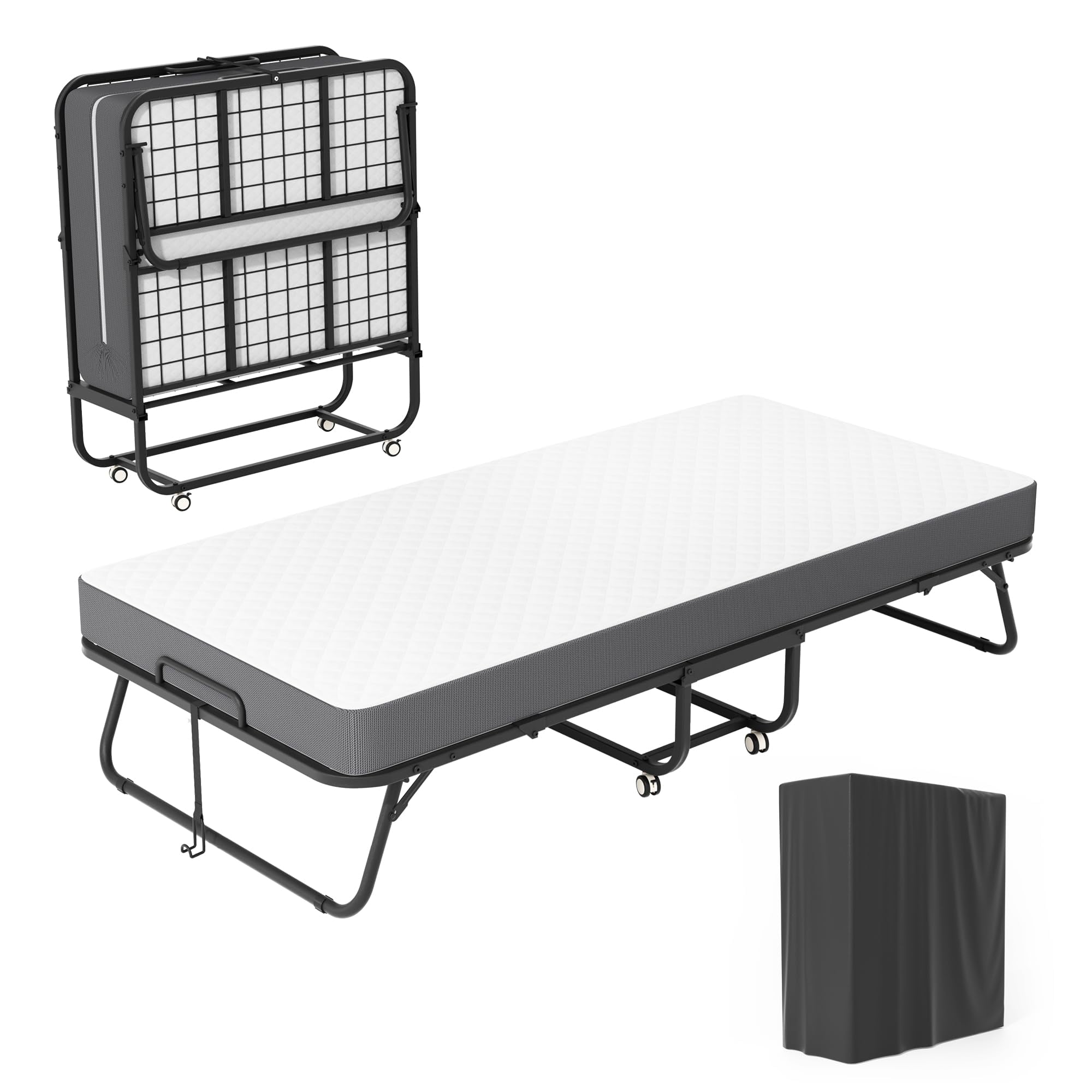 Twin Folding Bed with Mattress, 75" x 38" Folded Beds, Portable Rollaway Bed Guest Bed for Adults, Foldable Beds with 5" Memory Foam Mattress and Metal Frame