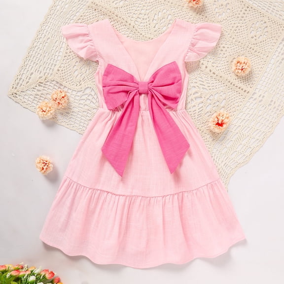 ZEHJUHAN Toddler Girls' Round Neck Ruffle Sleeveless Backless Dress with Bow Detail, Casual Smocked Summer Dress Pink,12-18M