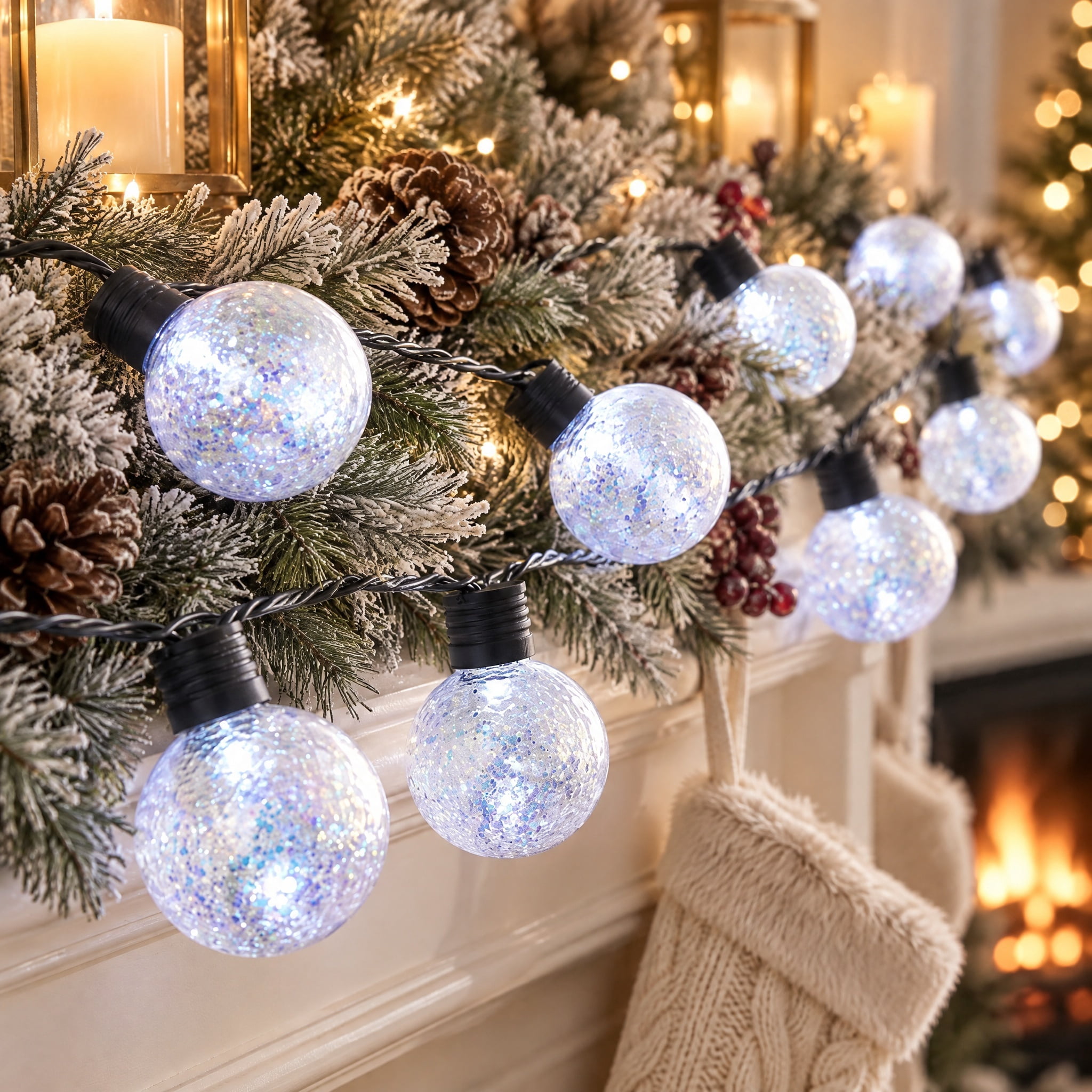 Indoor/Outdoor 10-Count LED 8-Function Glittering G80 Globe Christmas String Lights, Cool White, Green Wire, 13.5', by Holiday Time