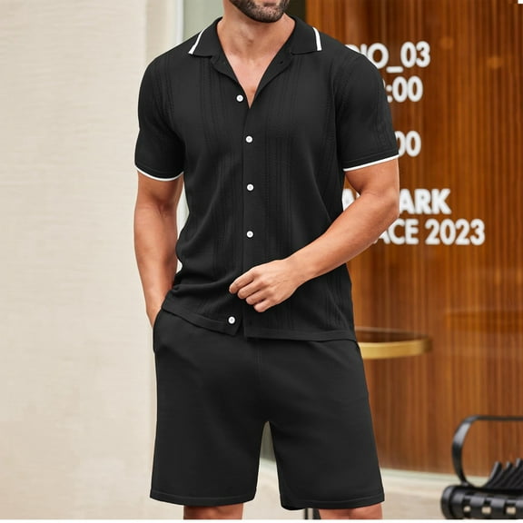 TMOYZQ Men's 2 Piece Outfits Summer Casual Knit Golf Button Down Shirt and Shorts Set Texture Beach Short Sleeve Tracksuit