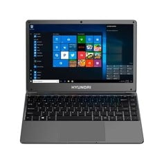 laptop hyundai hybook 14.1" hd reacondicionado, vista frontal 3/4 con pantalla HD encendida en Windows 10 Home modo S, carcasa y reposamanos en gris espacial, teclado chiclet negro y touchpad centrado; portátil de 14.1" con Intel Celeron N3350, 4GB RAM, 64GB eMMC y ranura HDD 2.5" ampliable, adecuado para navegación y tareas básicas y a menudo usado como equipo secundario para trabajo remoto.