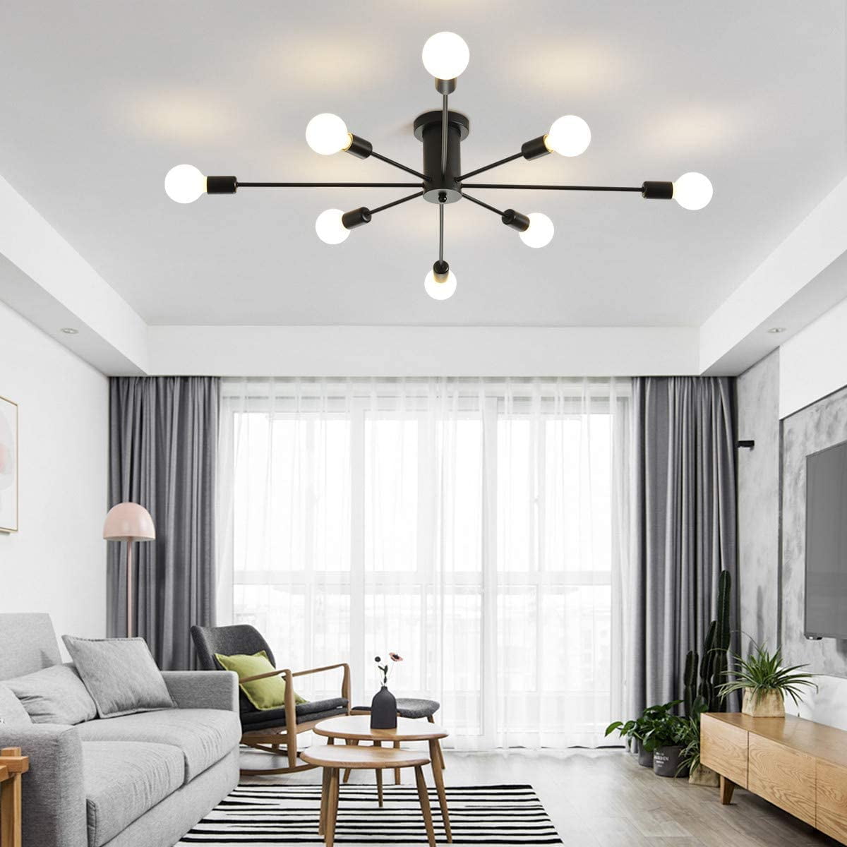 Garwarm Modern Sputnik Chandelier 8-Light Industrial Ceiling Lights Fixture 38" Black Semi Flush Mount Ceiling Light with E26 Base Sputnik Lights Fixture for Dining Room Bedroom