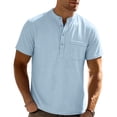 thumbnail image 3 of Fengqque Men's Henley Shirts Casual Short Sleeve Work Business Solid Color Button T-Shirt with Pocket Light Blue XXL(XXL), 3 of 9