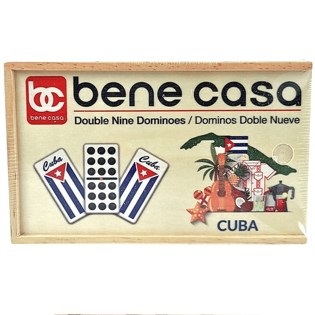 Bene Casa - Juego de Dominó Doble Nueve Bandera Cubana - 2-10 Jugadores - Caja de Madera con 55 Dominós