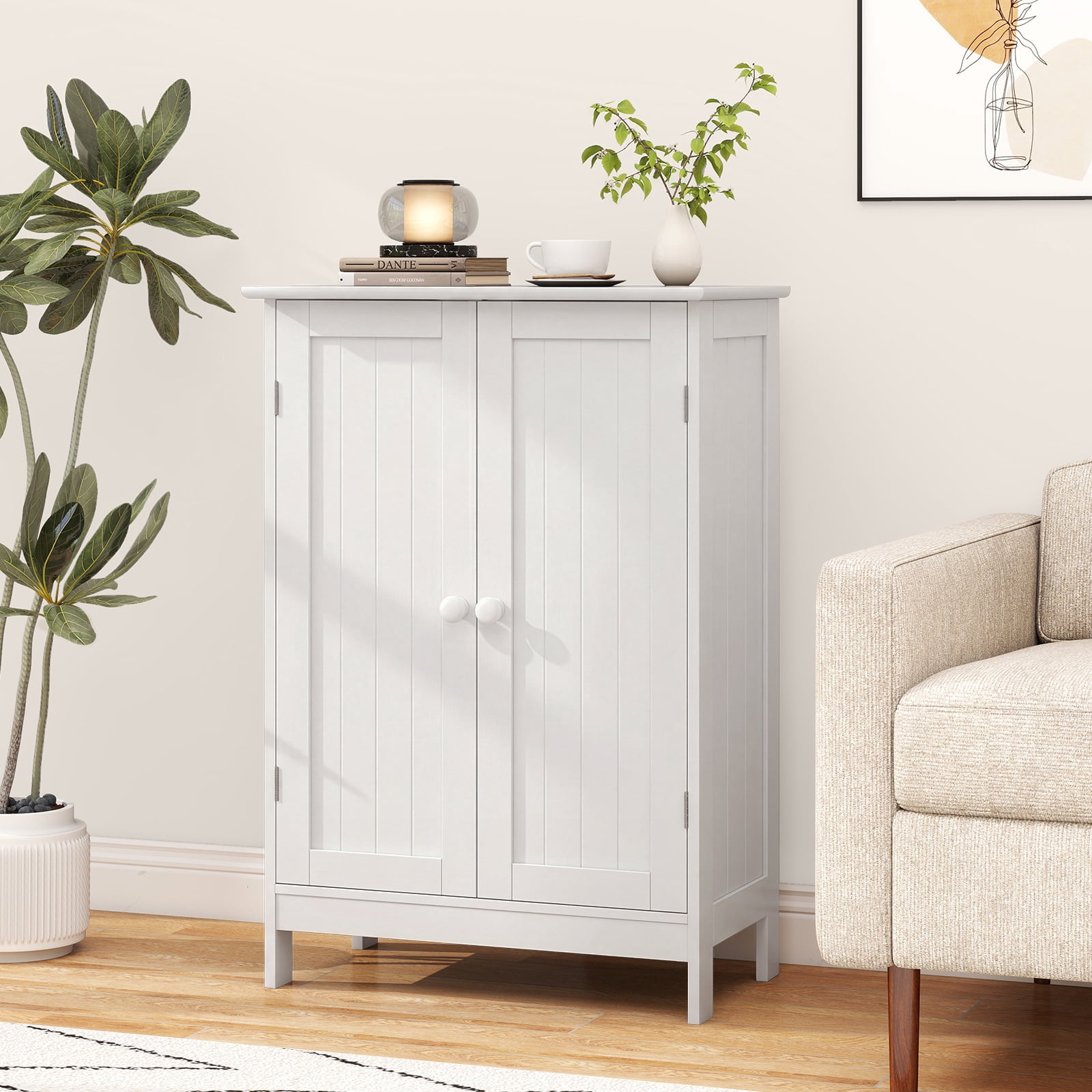 Gymax Bathroom Storage Cabinet Freestanding Wooden Floor Cabinet w/ Double Doors White