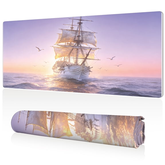 LIVEKEY Extra Large Mouse Pad 80x40x0.3cm Sailing Ship at Sunset Design Full Desk Coverage Non Slip Surface Durable Easy Clean Stitched Edges for Gaming and Office