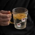 thumbnail image 3 of Taza de café de vidrio borosilicato transparente de 250 ml con asa, vaso for bebidas con rayas verticales y decoración de flor de ciruelo de hojalata, 3 of 7