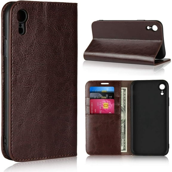 iPhone XR Wallet Case,Premium Leather Folio Flip Case Cover Book Design with Kickstand Feature with Card Slots/Cash Compartment for iPhone XR - Brown