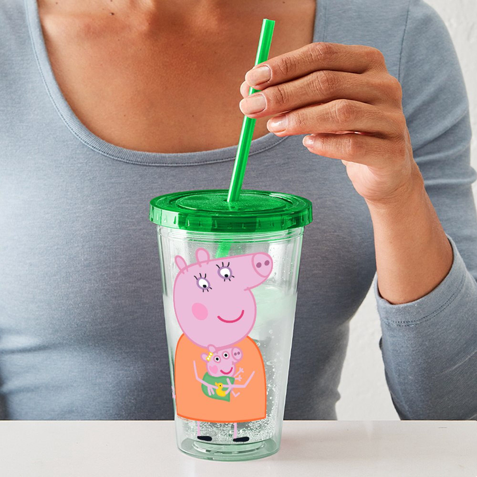 CafePress - Peppa Pig: Holding Baby - 16 Ounce Classic Clear Insulated Double Wall Tumbler Cup with Lid Straw , Reusable