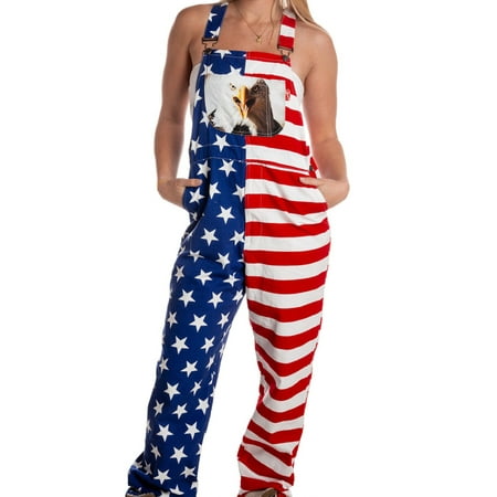 

Canrulo Mens Womens Patriotic American Flag Print Denim Bib Overall Independence Day Adjustable Strap Jumpsuit for Couple Blue Red Woman S