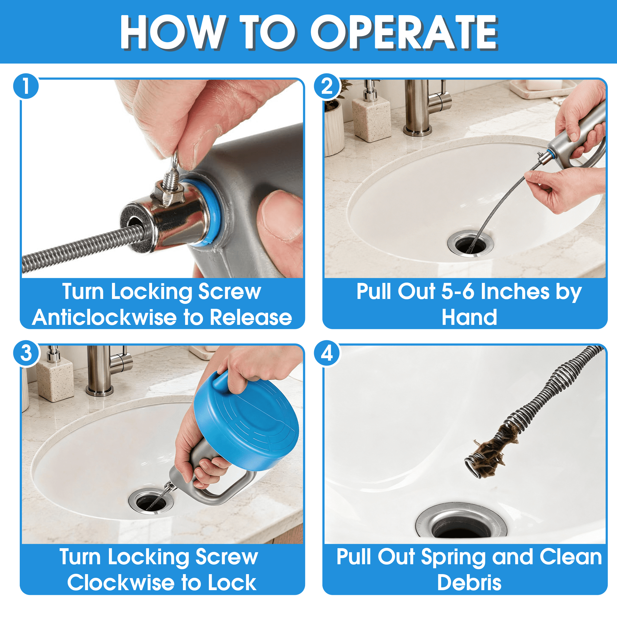GARITIN 16 Ft Plumbing Snake Drain Auger for unclogging drains, Flexible Steel Drain Clog Remover, Reusable Sink Snake for Kitchen Sink, Bathtub, Bathroom & Floor Drains