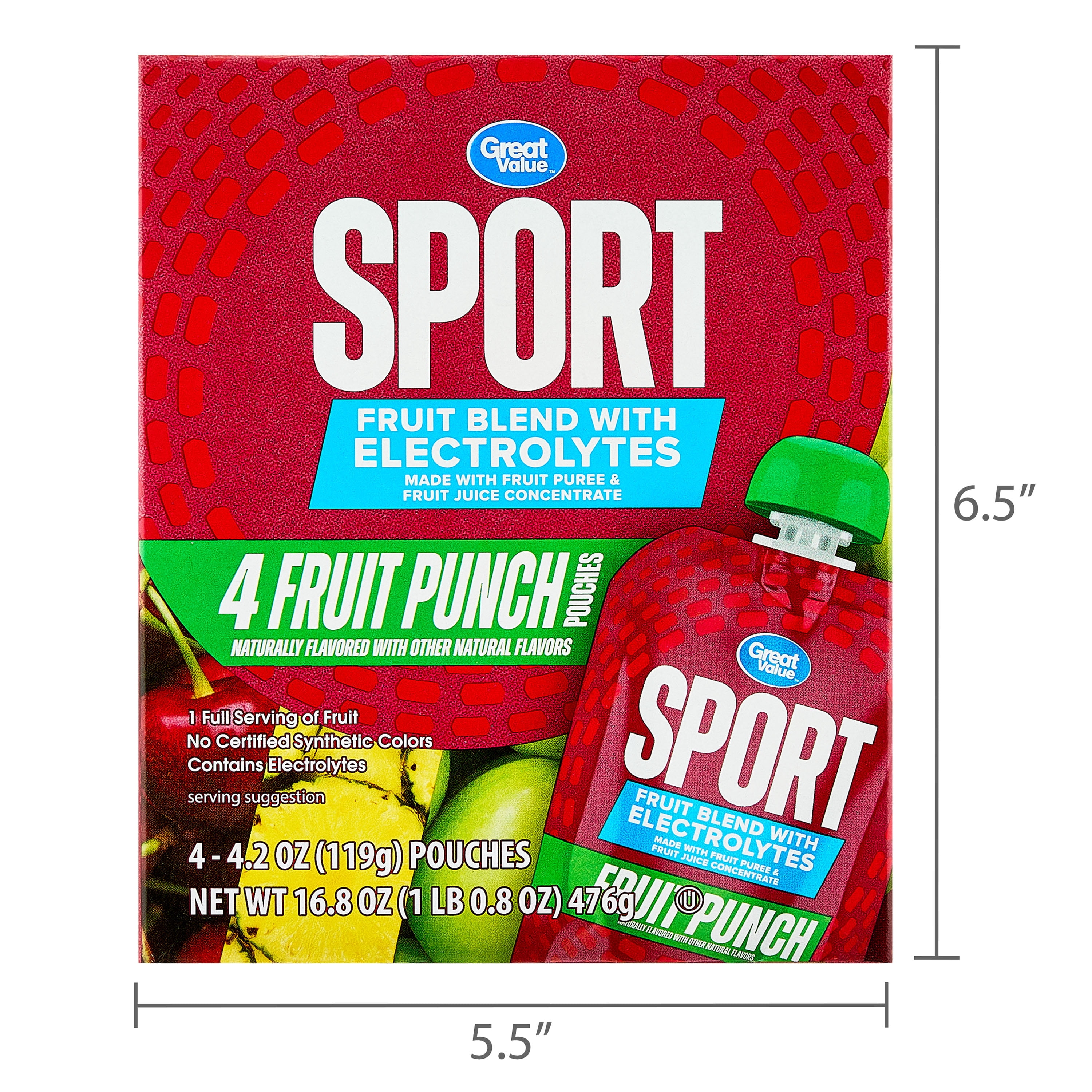 Great Value Sport Fruit Blend Applesauce with Electrolytes, Fruit Punch, 16.8 oz, 4 Count Carton