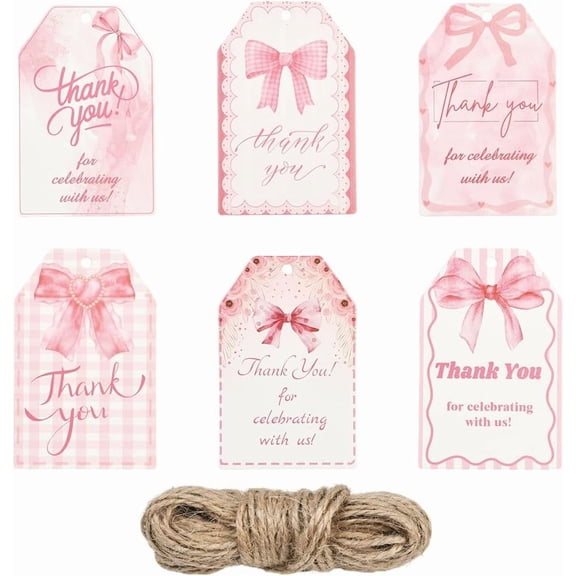 1set 60Pcs 6 Styles Pink Thank You Tags Paper Hanger Tags with Hemp Rope Bowknot Coquette Aesthetic Gift Words Rectangle Labels Accessories for Birthday Wedding Thanks Party Favors DIY Decor Pink