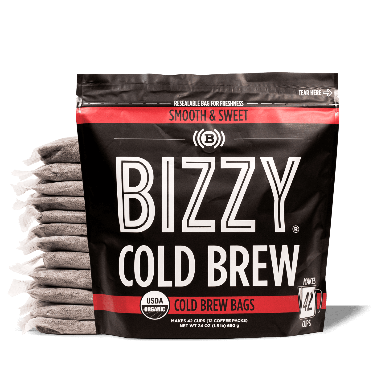 Bizzy Organic Cold Brew Coffee | Smooth & Sweet Blend | Coarse Ground Coffee | Pitcher Packs | 12 Count | Makes 42 Cups