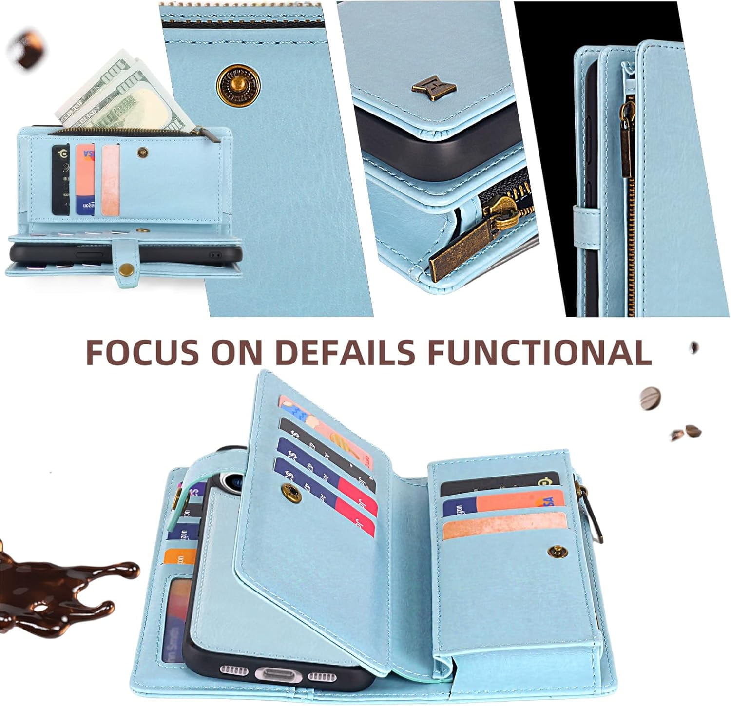 Phone Case Wallet Case Compatible for iPhone 15,iPhone 15 Multifunctional 2 in 1 Magnetic Case Wallet,Durable PU Leather Flip Lanyard Strap Wristlet Zipper Card Holder  for iPhone 15