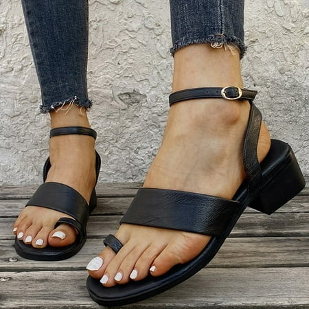 

YOTAMI Womens Sandals Women s Fashionable Open-toe Mid-heel Rubber One-line Buckle Slippers Sandals Black