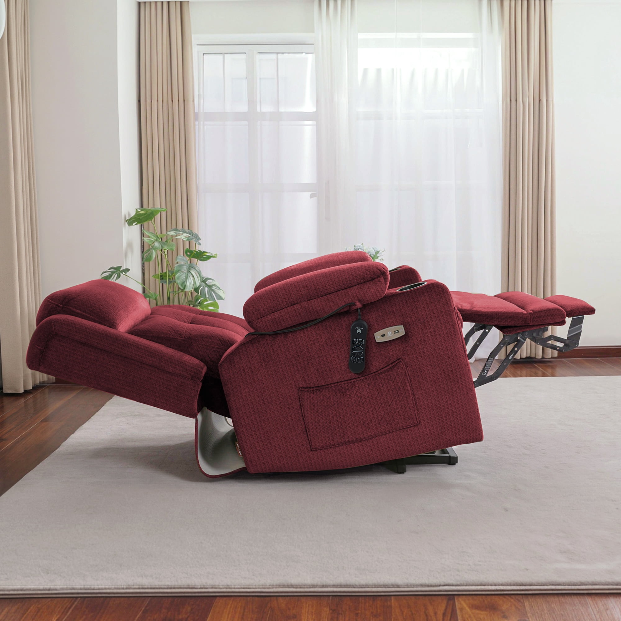 MCombo Lay Flat Triple Motor Power Lift Recliner for Elderly, Adjustable Headrest, Fabric(Burgundy)