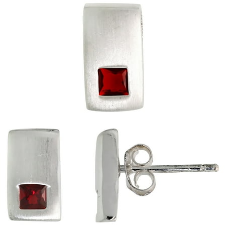 Sterling Silver Matte-finish Rectangular Earrings (10mm tall) & Pendant Slide (10mm tall) Set, w/ Princess Cut Ruby-colored CZ Stones