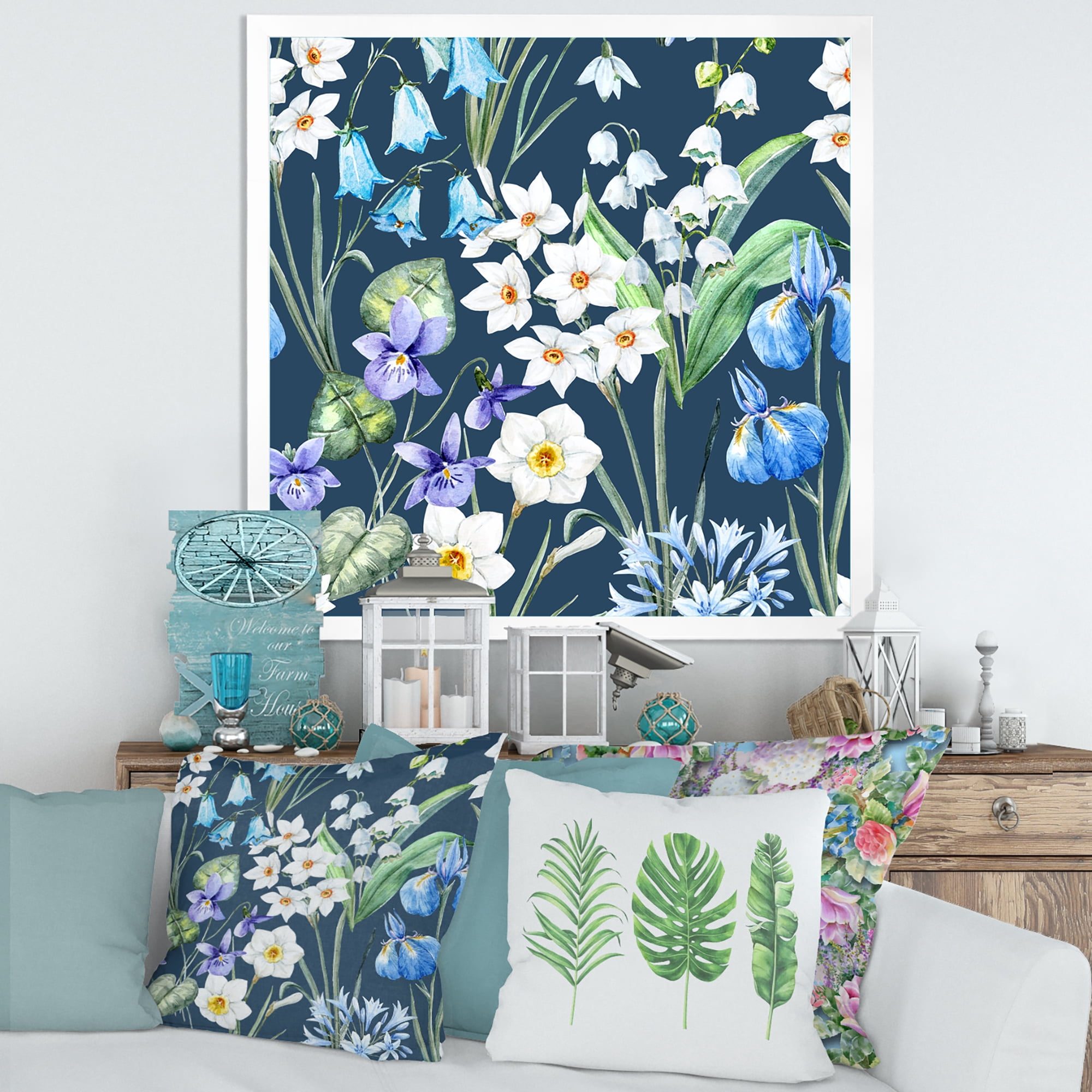 Designart 'Blue and White Spring Flowers On Dark Blue' Traditional Framed Art Print