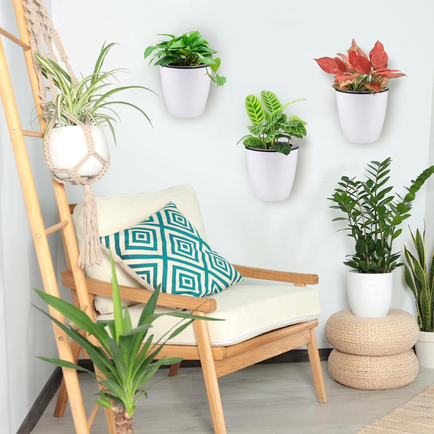 9 Pack Self Watering Wall Hanging Planters Pots for Indoor Plant, 5 Inch White Plastic Lazy Flower Pot with 9 Hooks for Garden Fence, Porch, Wall