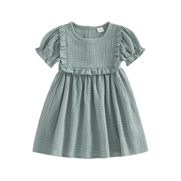 BemeyourBBs Kids Toddler Baby Girl Summer Cotton Linen Dress Clothes Puff Short Sleeve Ruffle Crew Neck Solid A-line Dress