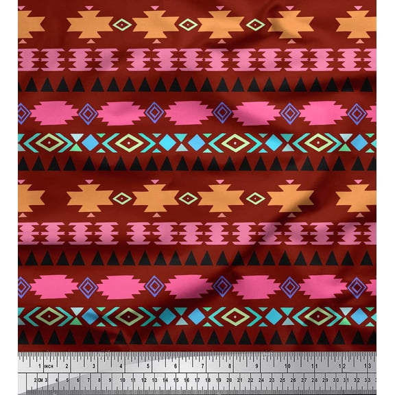 Soimoi Red Cotton Duck Fabric Aztec Geometric Decor Fabric Printed Yard 42 Inch Wide
