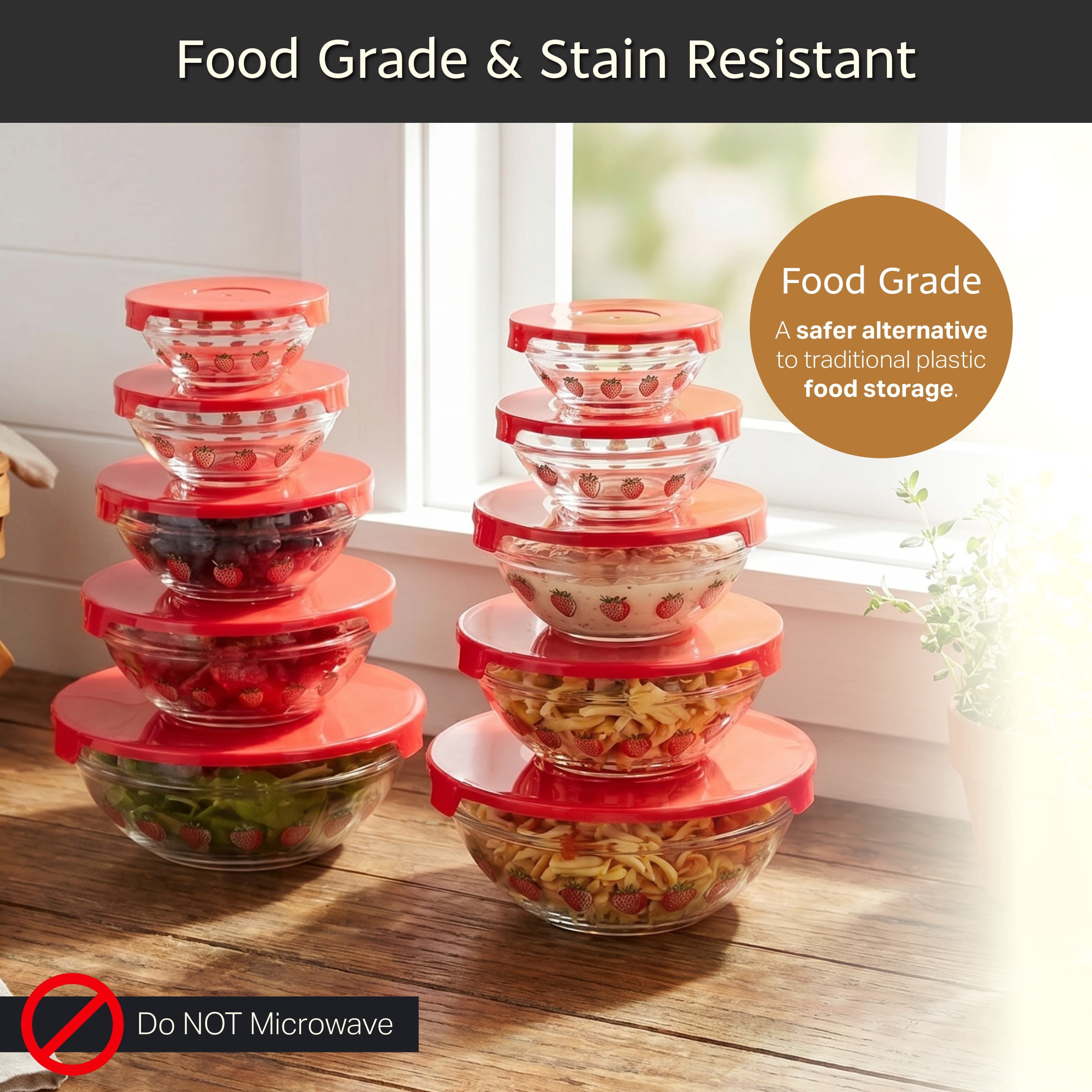 Glass Food Storage Containers with Lids- 20 Piece Set with Multiple Bowl Sizes for Storage, Meal Prep, Mixing and Serving by Chef Buddy (Fruit Design)