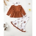 thumbnail image 3 of KIMI BEAR 6 Months Newborn Baby Girl Outfit Set 12 Months Winter Clothing Ruffle Long Sleeves Bowknot T-shirt Top Floral Flared Pants with Headband 3pcs Pant Sets Brown, 3 of 9