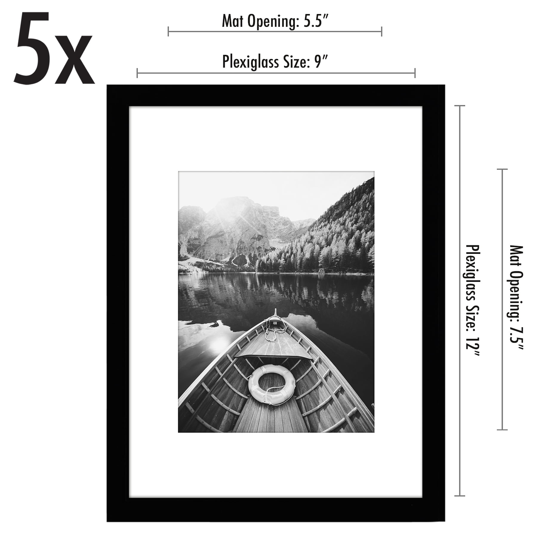 Americanflat 9x12 Picture Frame in Black - Displays 6x8 With Mat and 9x12 Without Mat - Set of 5 Frames with Sawtooth Hanging Hardware For Horizontal and Vertical Display