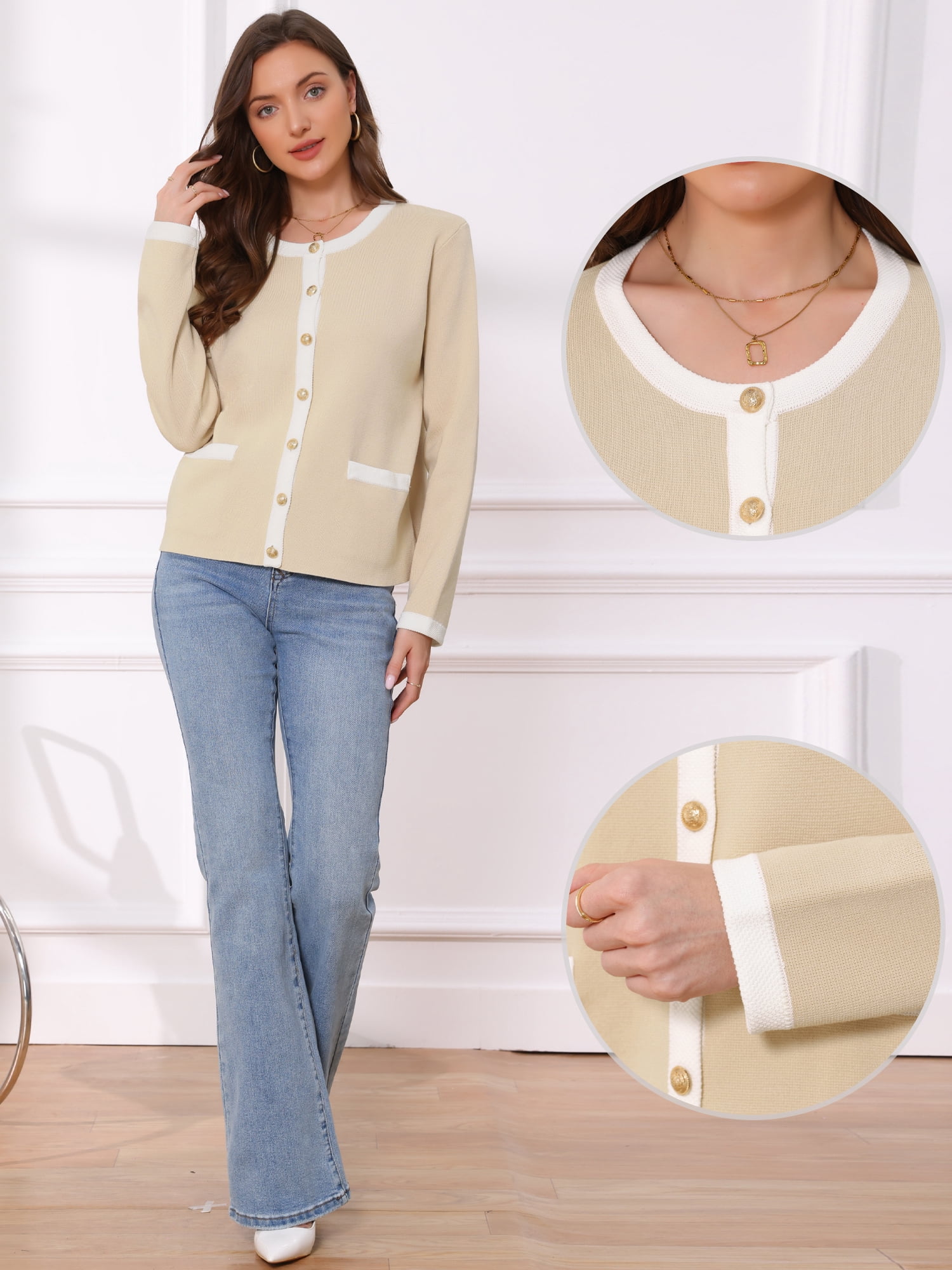 DARING DIVA Women's Lightweight Long Sleeve Crew Neck Knit Cardigan XS Beige