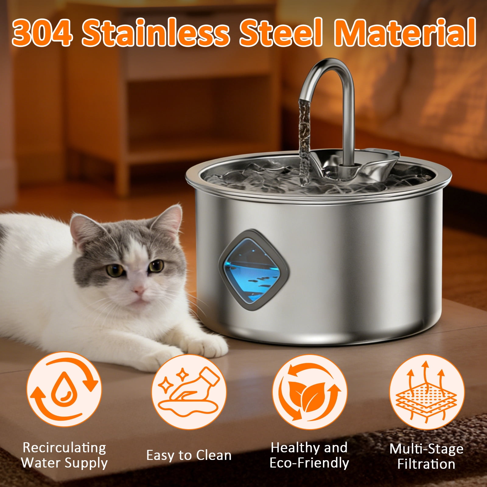 Stainless Steel Cat Water Fountain, 3.2L/108oz Dog Water Bowl Dispenser with Replacement Filters, Automatic Cat Fountains for Drinking for Pets and Small Animals