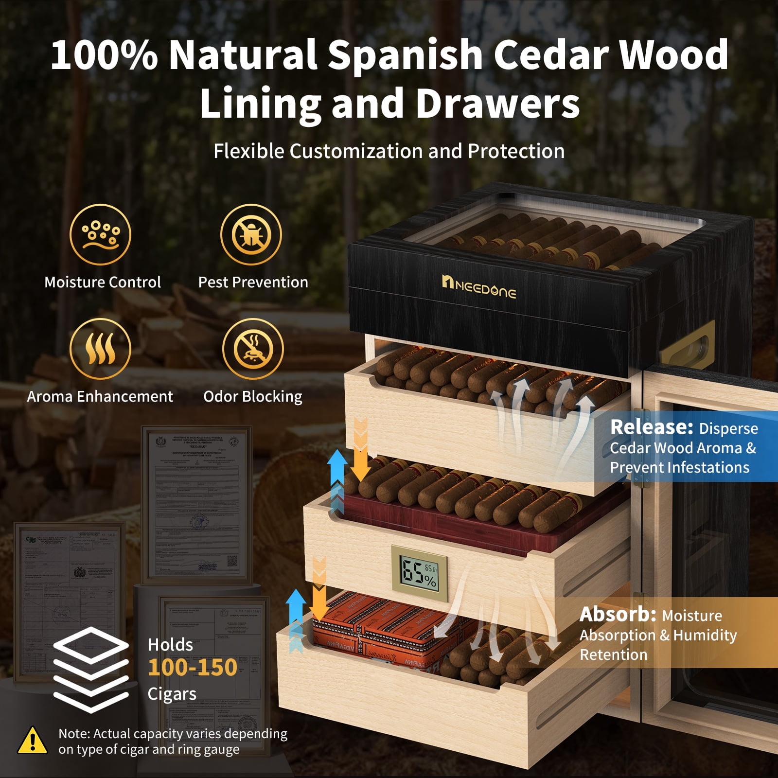 NEEDONE Cigar Humidor, Glass Top Drawer & LED Lighting,3 Humidifiers,Cedar Wood Shelves,Desktop Humidor Box Case Cabinet can Hold 150 Cigars,Gift for Men