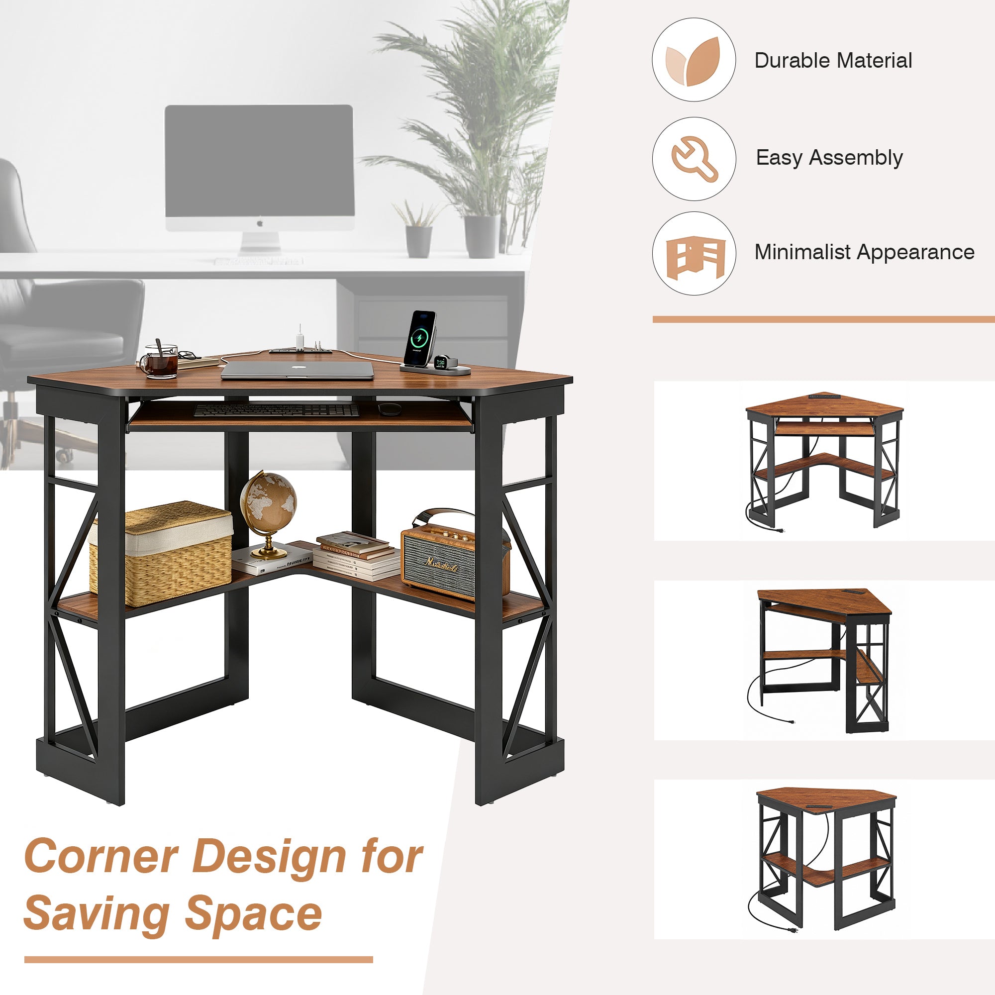 VECELO Corner Computer Desk with Charging Station, Dark Brown photo 6
